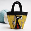 Tiny yellow bag with cat print and cat appliqué