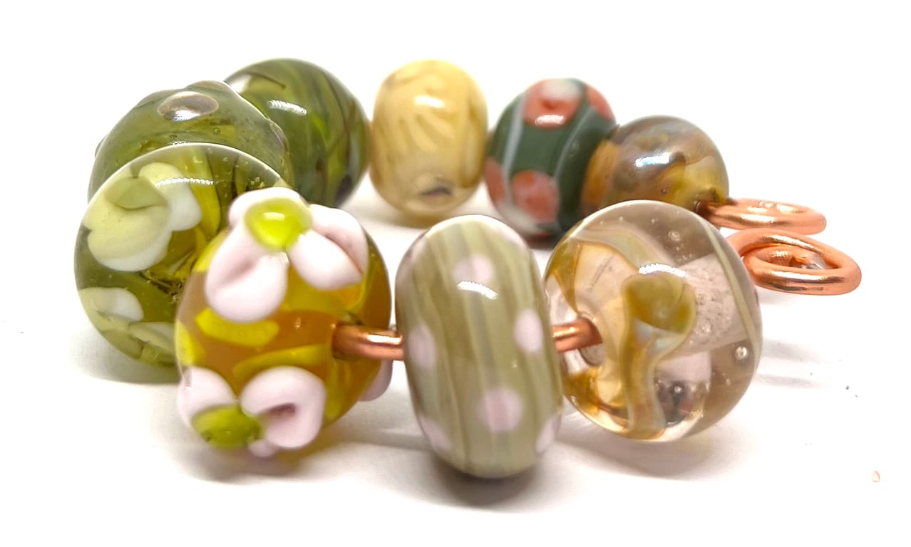 Handmade Lampwork Glass Beads – Moss Green, Honey Amber & Dusty Pink Set of 9