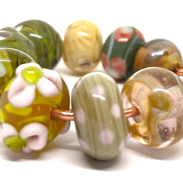 Handmade Lampwork Glass Beads – Moss Green, Honey Amber & Dusty Pink Set of 9