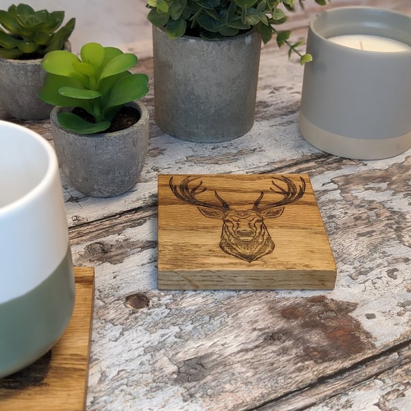 Set of 4 Wooden Coasters - Chunky Solid Oak Coaster - Engraved Stag Coaster 