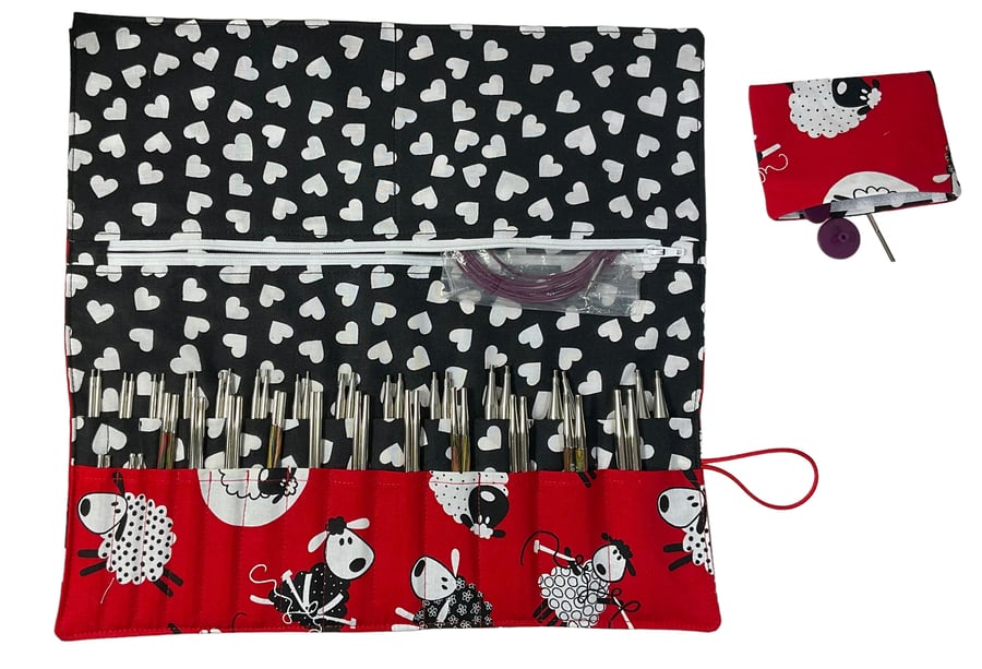 Interchangeable knitting needle case with sheep, addi, knit pro pouch