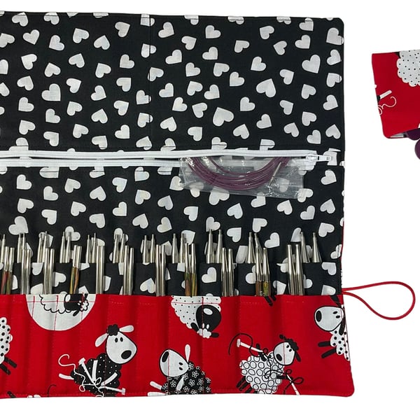 Interchangeable knitting needle case with sheep, addi, knit pro pouch