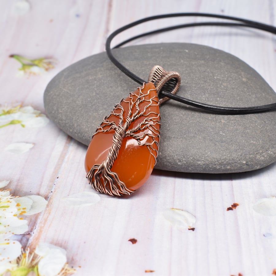 Carnelian and Copper Wire Wrapped Tree of Life Yggdrasil Pendant 