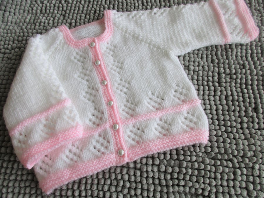 16" White &  Pink Round Neck Baby Cardigan