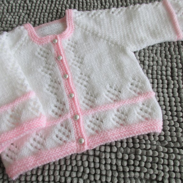 16" White &  Pink Round Neck Baby Cardigan