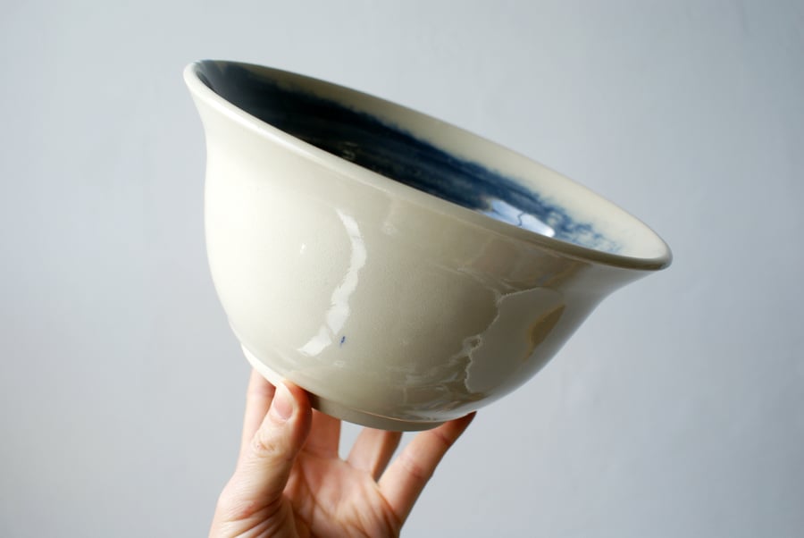 One pottery ramen bowl - wheel thrown and glazed in blue and simply clay