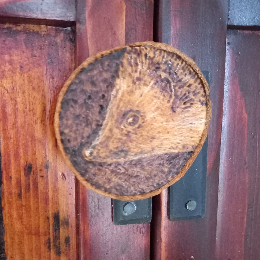 Hedgehog pyrography wood slice magnet