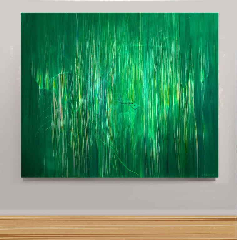 The Green Kings Glade is a green semi-abstract oil painting of a deer stag 