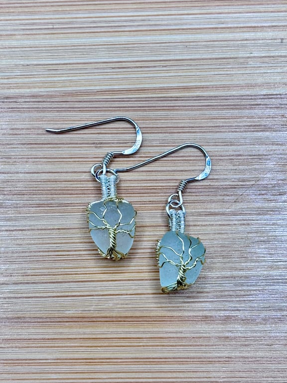 Scottish sea glass Tree of Life Sterling Silver fish hook earrings 