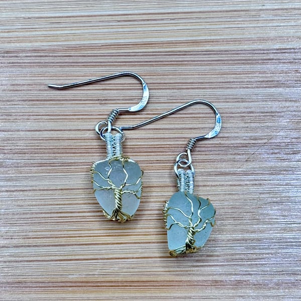 Scottish sea glass Tree of Life Sterling Silver fish hook earrings 
