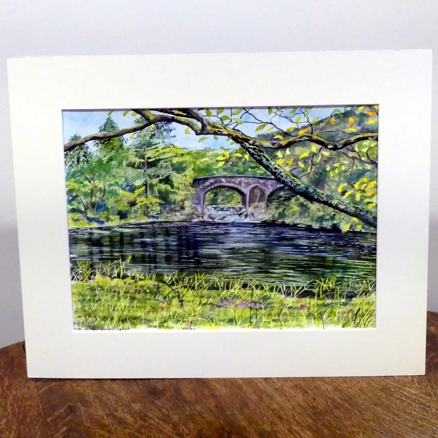 Bridge over River Lyon Landscape Watercolour, Scotland Scenery