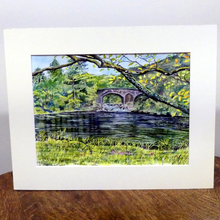 Bridge over River Lyon Landscape Watercolour, Scotland Scenery