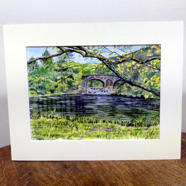 Bridge over River Lyon Landscape Watercolour, Scotland Scenery