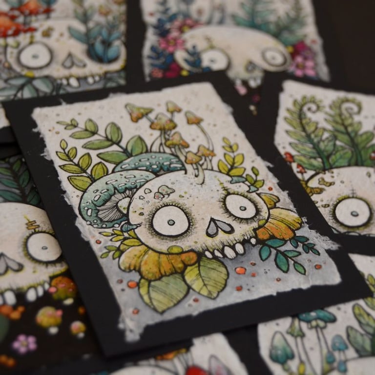 fungi skull - original aceo illustration