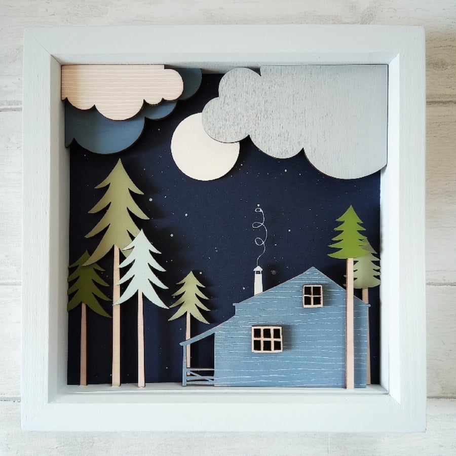 Cabin in the Woods Diorama, Wooden Cabin Shadow Box, Wilderness Picture