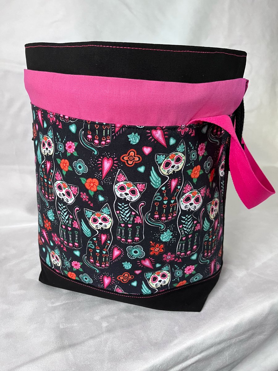 Large Cotton Canvas Drawstring Project Bag Day Of Dead Cats Sugar Skulls