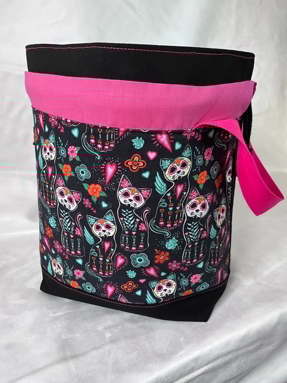 Large Cotton Canvas Drawstring Project Bag Day Of Dead Cats Sugar Skulls