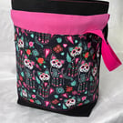 Large Cotton Canvas Drawstring Project Bag Day Of Dead Cats Sugar Skulls