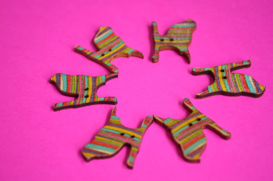 Wooden Bird Buttons Rainbow Stripe Turquoise Pink Yellow 6pk 30x20mm (BD9)