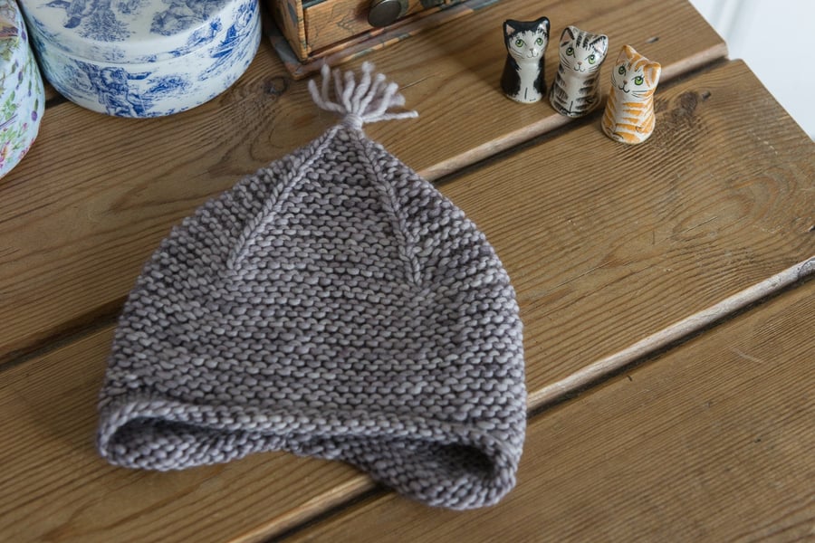 Pixie baby hat - hand knit little pixie style hat with ear flaps and a tassel