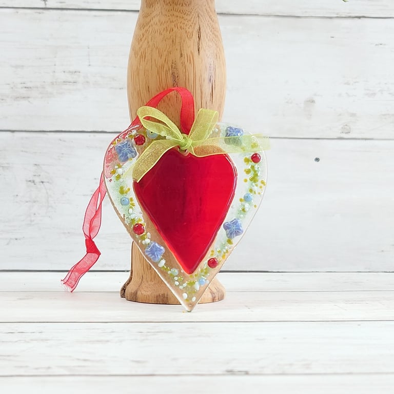 Fused Glass Heart and Flowers Suncatcher; Gift for Someone Special