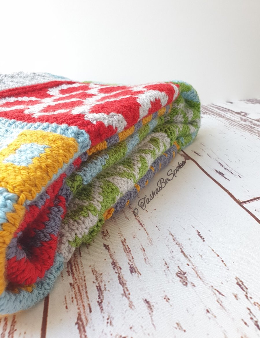 Hand knitted blanket, Square patchwork bedspread, Bed throw, Housewarming gift