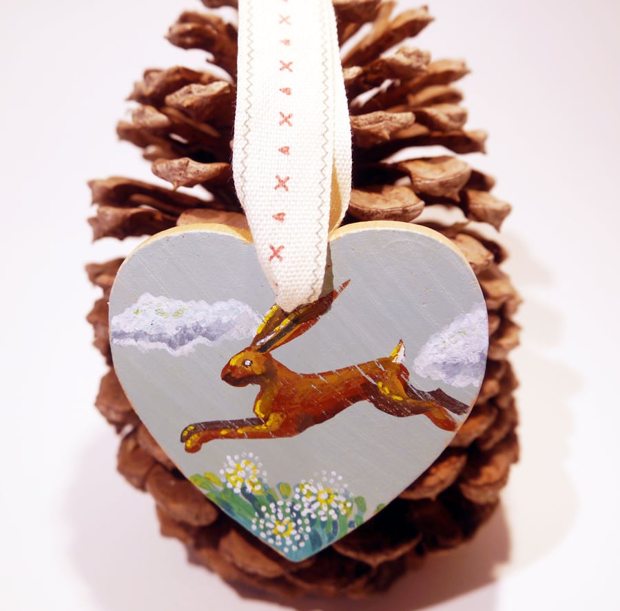 Pair of Wooden Handpainted Hearts with Hares