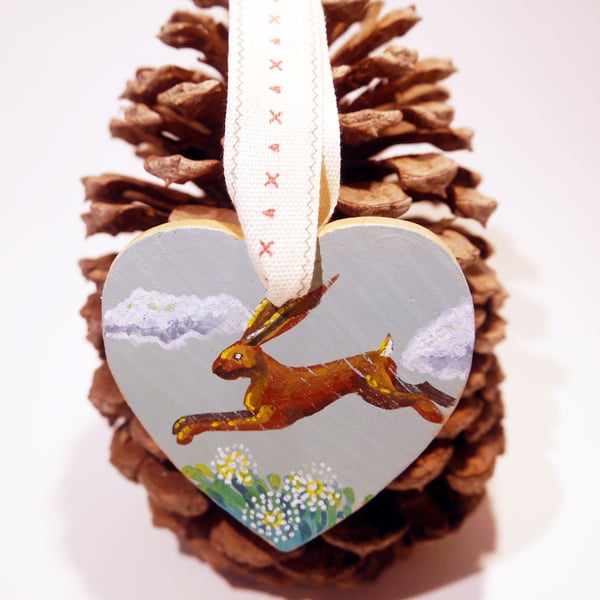 Pair of Wooden Handpainted Hearts with Hares