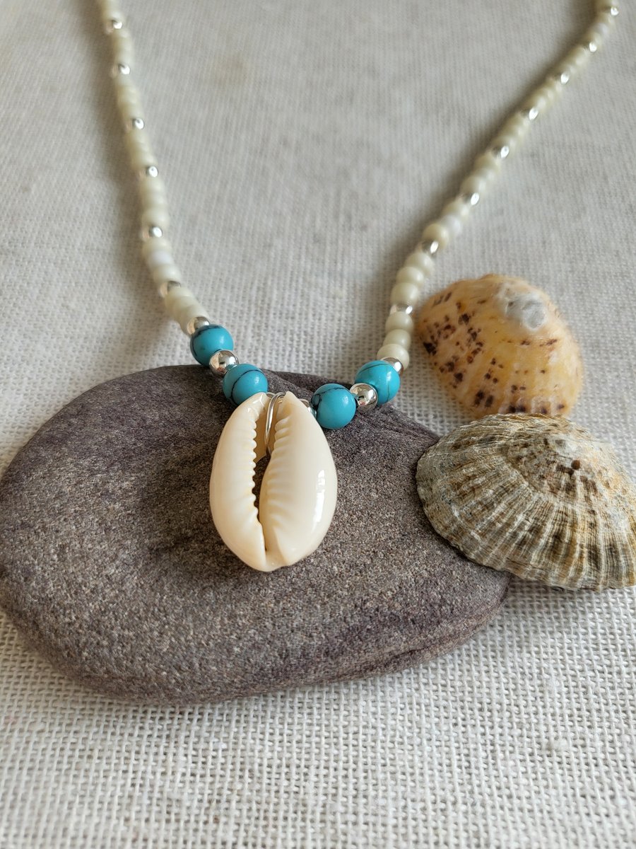 Turquoise and silver Beaded Cowrie Shell Necklace