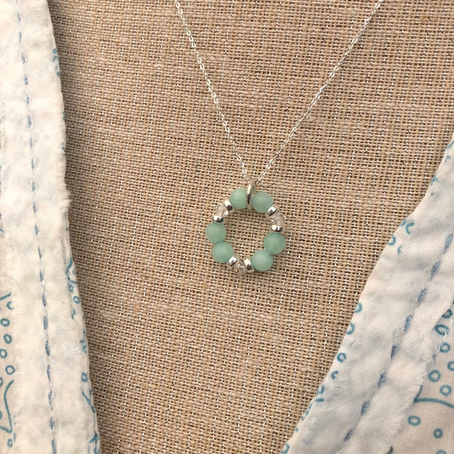 Malaysian Jade and Swarovski Crystal Circle of life pendant. Sterling Silver 