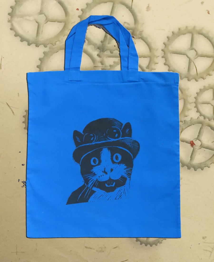 Steampunk Cat Tote Bag Animal Linocut Hand Printed Blue Shopping Bag