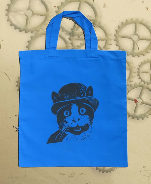 Steampunk Cat Tote Bag Animal Linocut Hand Printed Blue Shopping Bag