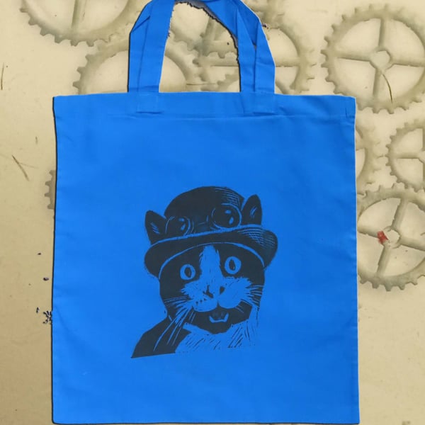 Steampunk Cat Tote Bag Animal Linocut Hand Printed Blue Shopping Bag