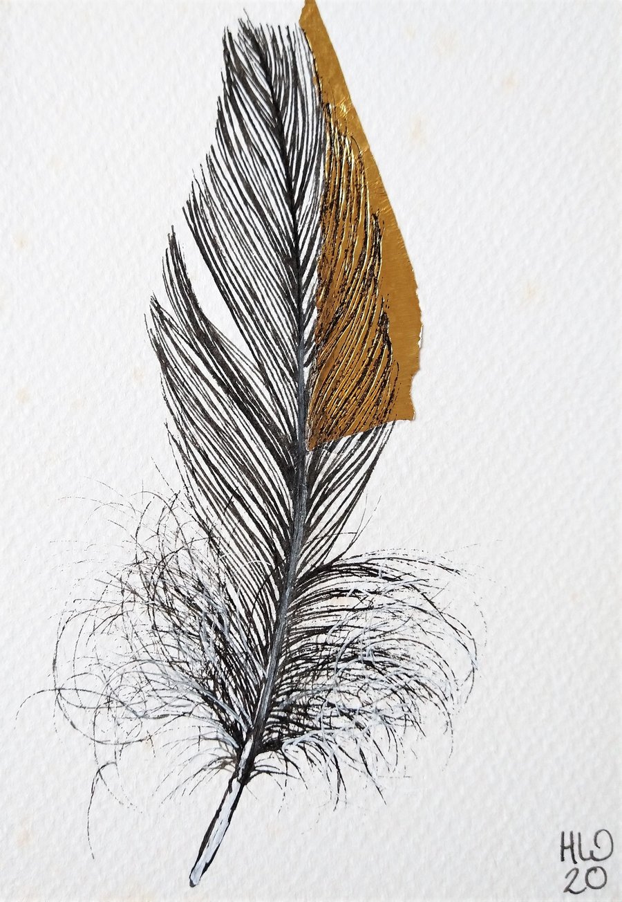 Feather Original Drawing with Collage