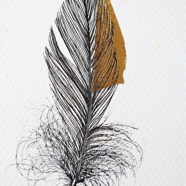Feather Original Drawing with Collage