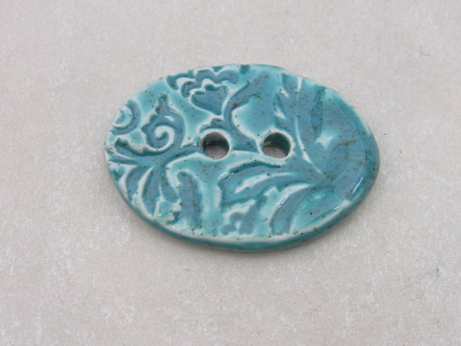 Large Jade Green Brocade Oval Handmade Ceramic Button