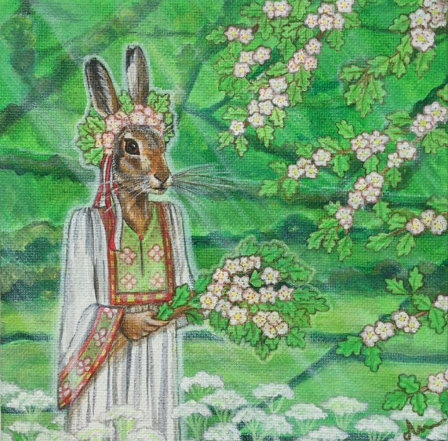 The Goddess at Beltane. Hare greeting card.
