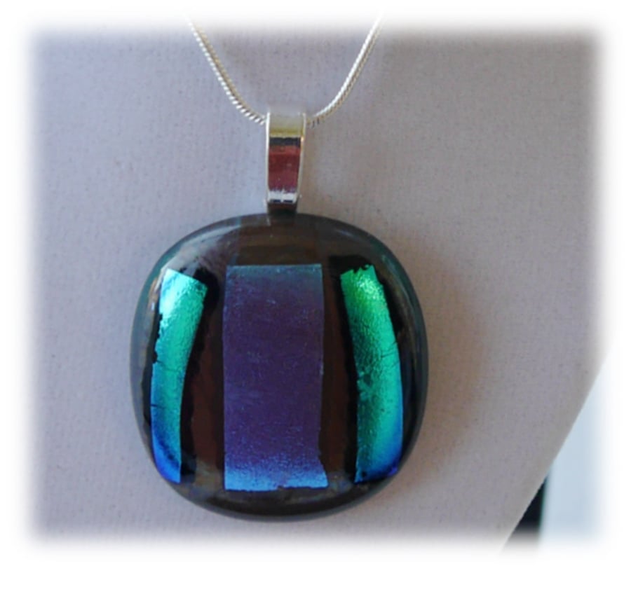 Dichroic Glass Pendant 073 Plum Turquoise Handmade with silver plated chain