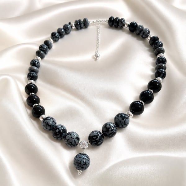 Handmade Snowflake Obsidian Sterling Silver CZ Necklace 16 Inch UK