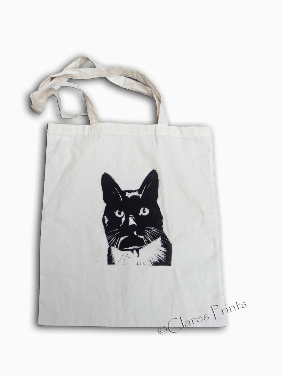 Black Cat Tote Bag Animal Linocut Hand Printed Shopping Bag