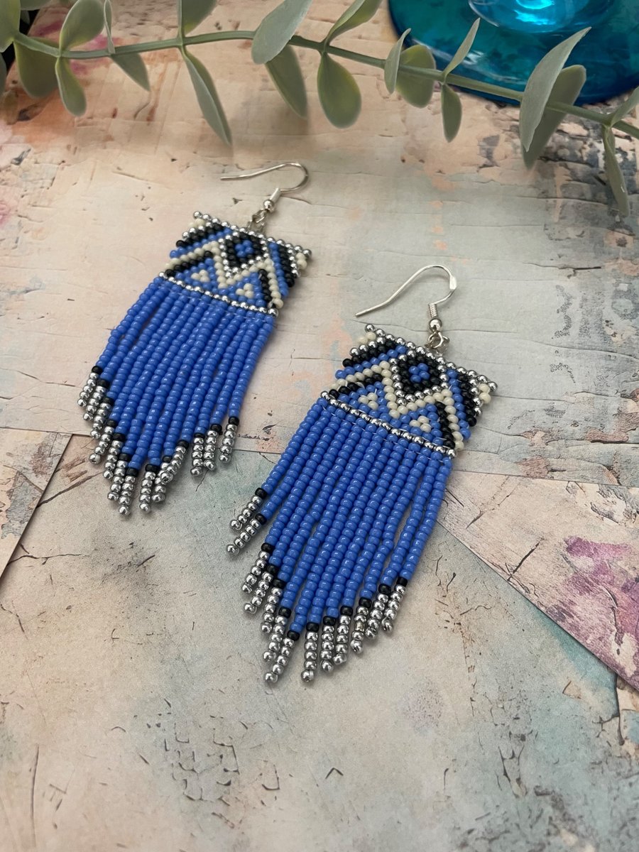 Native American Inspired Glass beaded fringe earrings 