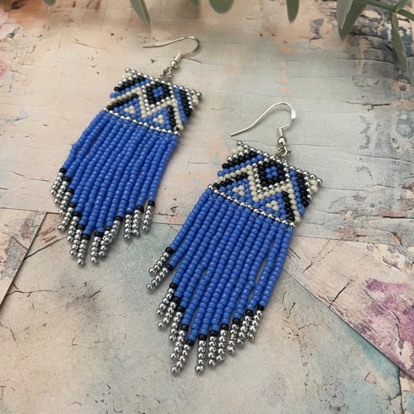 Native American Inspired Glass beaded fringe earrings 
