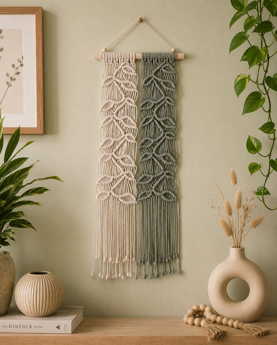Sage Green and Off White Macrame Wall Hanging.