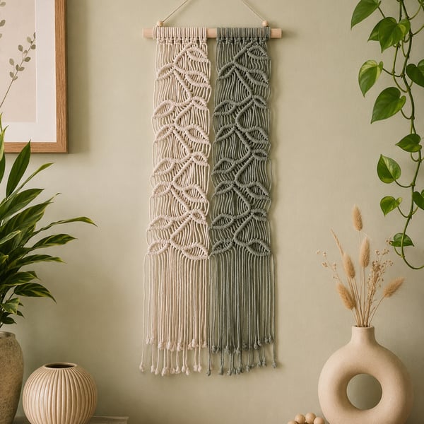 Sage Green and Off White Macrame Wall Hanging.