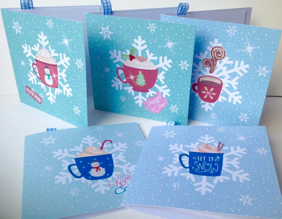Christmas Cards Pack of Five,Handmade,'Snug in the Snow',Can Be Personalised
