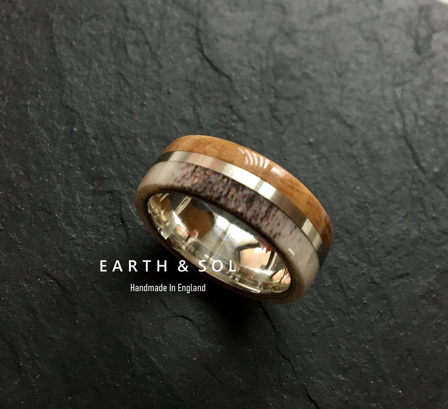 Deer Antler Ring. Oak Wood Ring With Sterling Silver Band. Whiskey Barrel Oak 