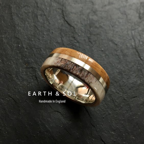 Deer Antler Ring. Oak Wood Ring With Sterling Silver Band. Whiskey Barrel Oak 