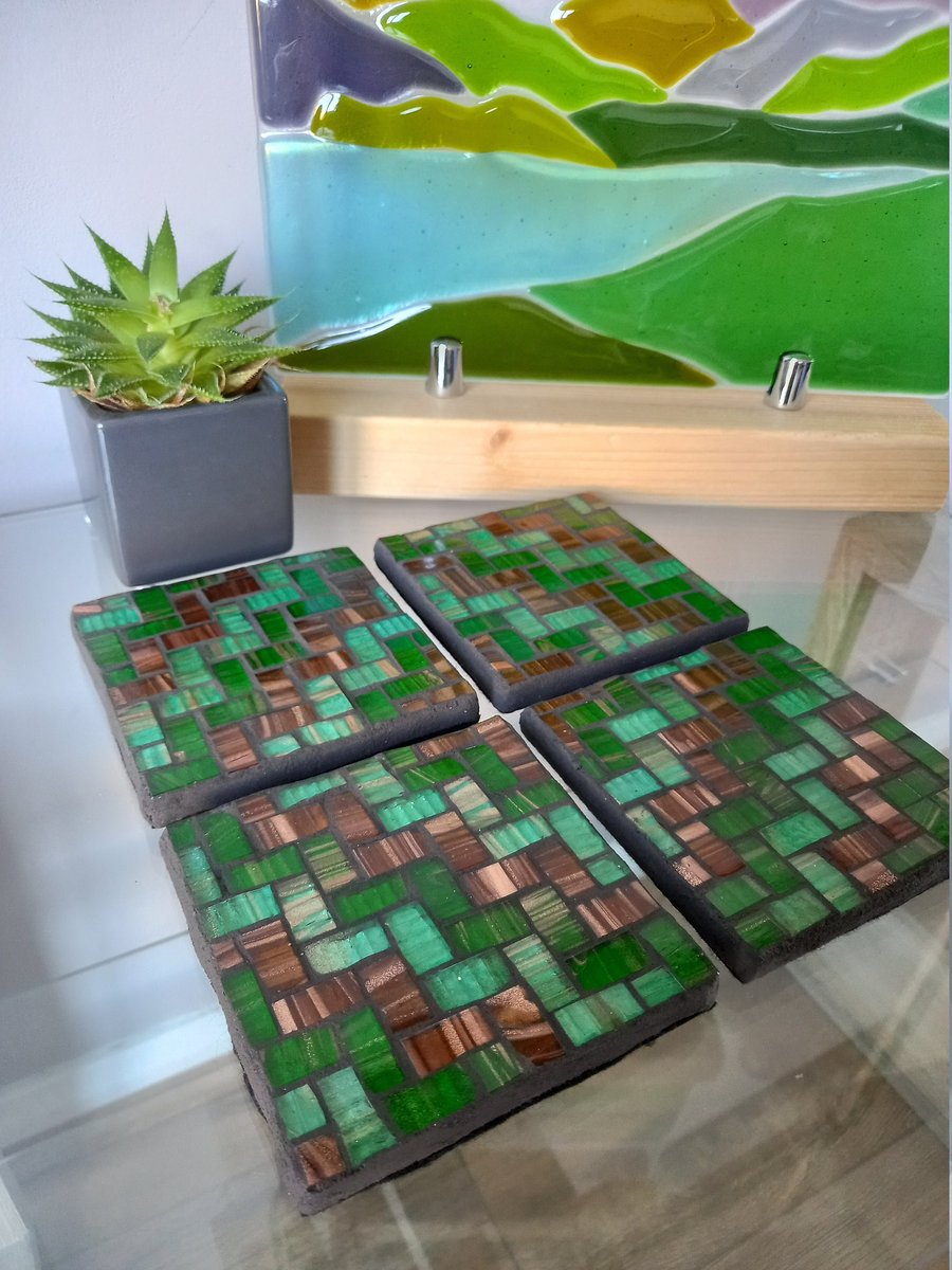 Green and Brown Herringbone Mosaic Coaster