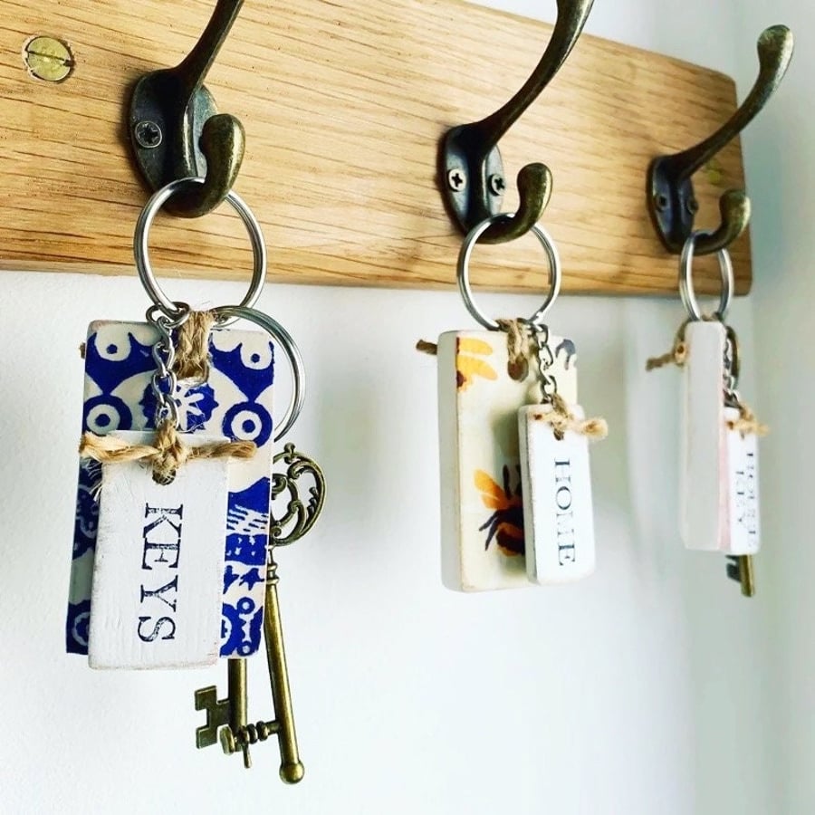 Personalised Wooden Key Fobs. Emma Bridgewater Inspired Decoupaged Key Rings