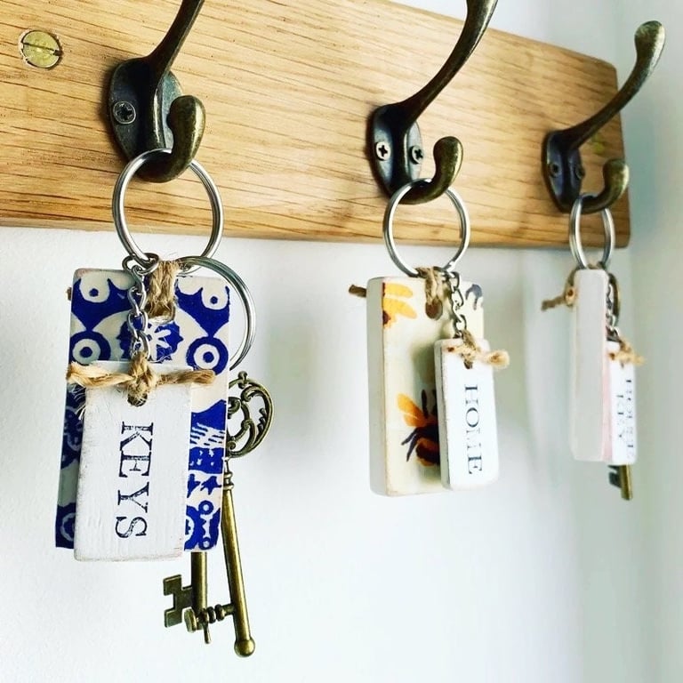 Personalised Wooden Key Fobs. Emma Bridgewater Inspired Decoupaged Key Rings